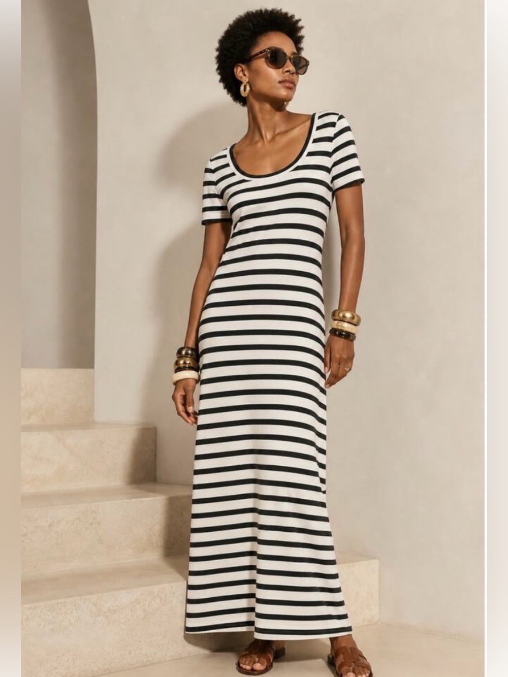 J Crew Re Imagined Navy Striped Cotton Maxi Dress Short Sleeve Scoop Neck Small